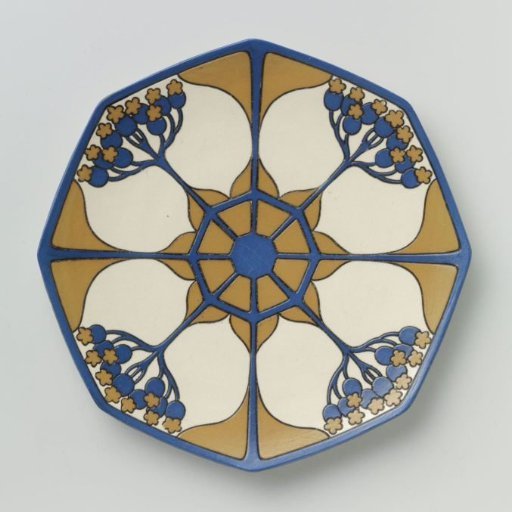 Plate, belonging to a tea service of chromolith stoneware, decorated in blue and yellow-brown