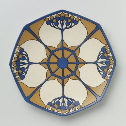 Plate, belonging to a tea service of chromolith stoneware, decorated in blue and yellow-brown