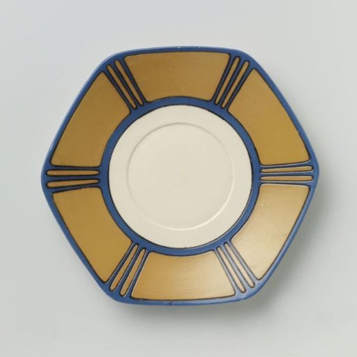 Plate, belonging to a tea service of chromolith stoneware, decorated in blue and yellow-brown