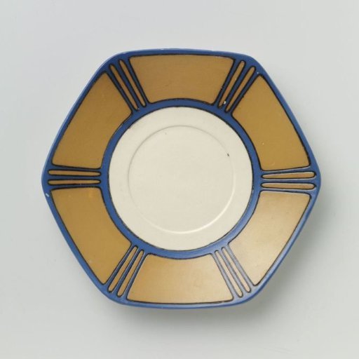 Plate, belonging to a tea service of chromolith stoneware, decorated in blue and yellow-brown