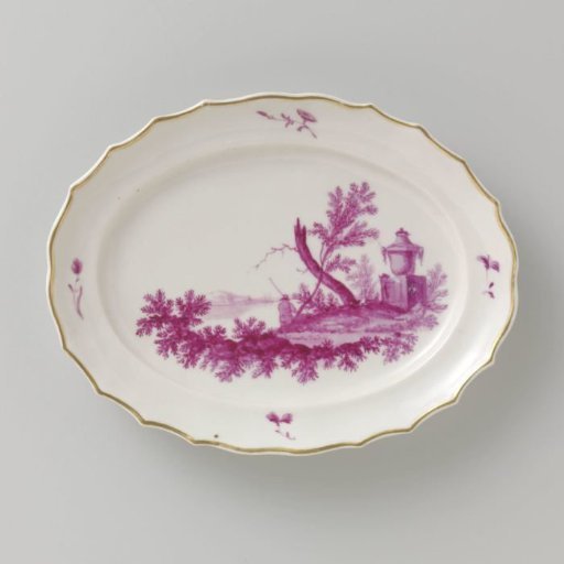 Underplate, painted in many colors with a landscape featuring a garden vase