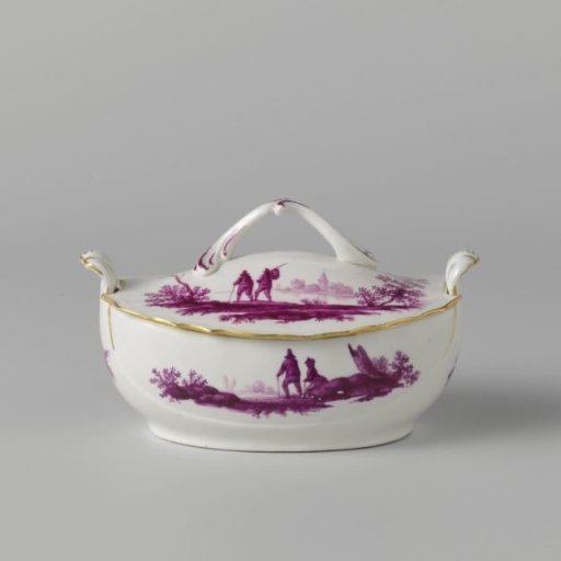 Lid, painted in many colors with figures in a river landscape