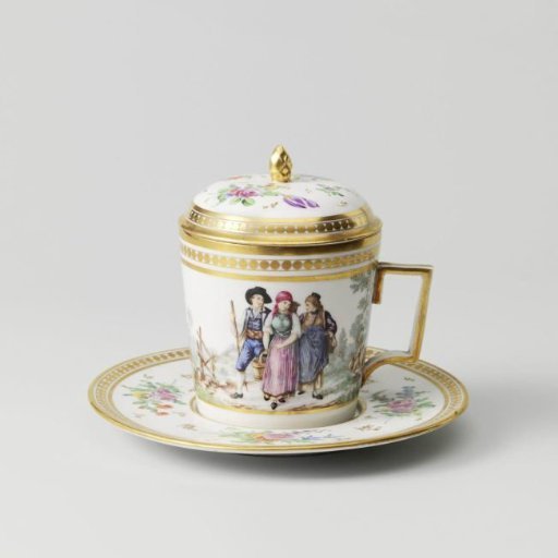 Covered cup and saucer with figures in a landscape and bouquets