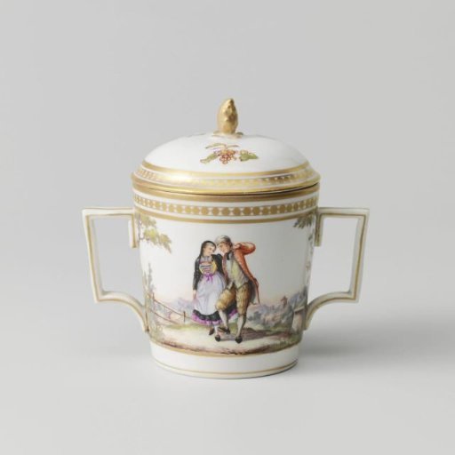 Covered cup with figures in a landscape and grapevines