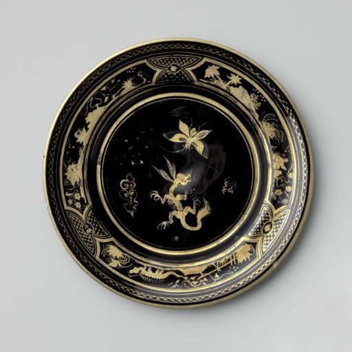 Plate of black hyalith glass with chinoiserie