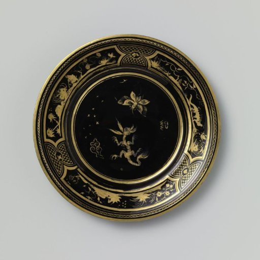 Plate of black hyalith glass with chinoiserie
