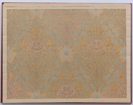 Wallpaper, printed with a lying geometric pattern of stylized grey-green foliage between pink berries, chrysanthemums and butterflies against an ochre background