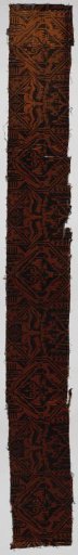 Fragment of printed tripe with irregular shapes and stylized stags, in black on a reddish-brown ground