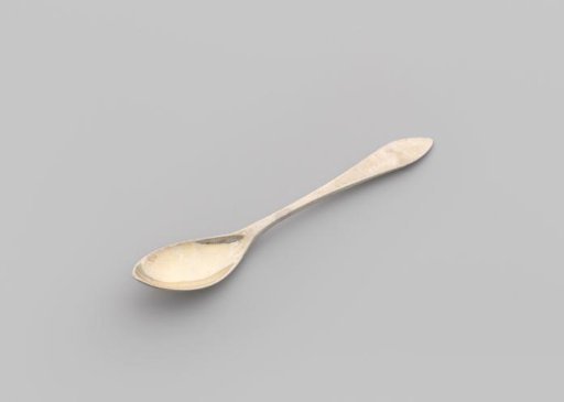 Teaspoon with pointed oval bowl and flat, curved stem, widening towards the pointed end