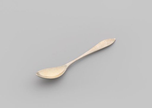 Teaspoon with pointed oval bowl and flat, curved stem, widening towards the pointed end