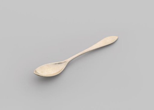 Teaspoon with pointed oval bowl and flat, curved stem, widening towards the pointed end