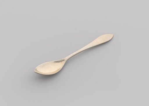 Teaspoon with pointed oval bowl and flat, curved stem, widening towards the pointed end