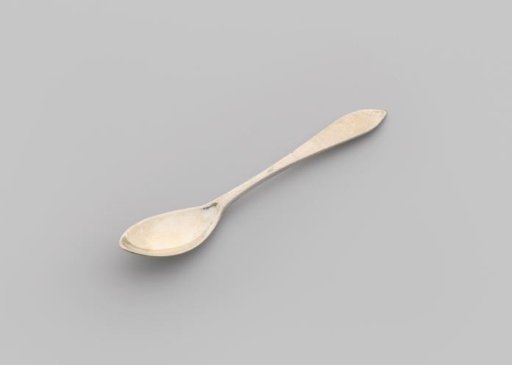 Teaspoon with pointed oval bowl and flat, curved stem, widening towards the pointed end