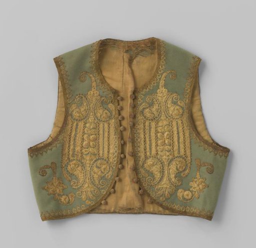 Bolero of light green cloth with gold embroidery and along the rounded front panels twice ten buttons of gold thread with red beads; lining of greenish silk.