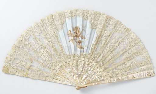 Folding fan with a mother-of-pearl frame and a leaf of appliqué lace with an insert of painted silk depicting music-making angels