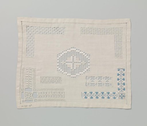 Open Needlework Panel of Blue and White Yarn on Linen
