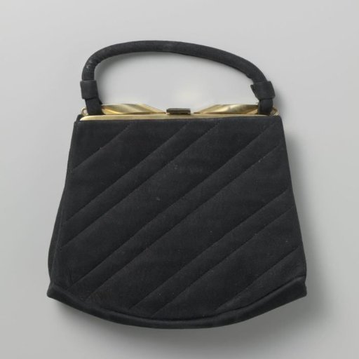 Bag of black suede, with embroidery on one side in diagonal bands, with copper handle and clasp
