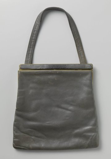 Bag of dark grey leather with rectangular copper handle and clasp
