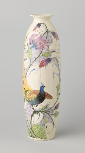 Earthenware vase painted with a peacock on lily branches