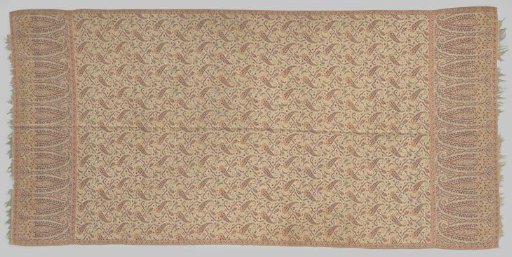Long rectangular cashmere shawl with a cream-colored center featuring a scattered motif of multicolored flowers, framed by similar borders
