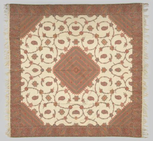 Square cashmere shawl with white field, decorated with multicolored diamond-shaped heart motif, scrolling floral garlands and floral motifs