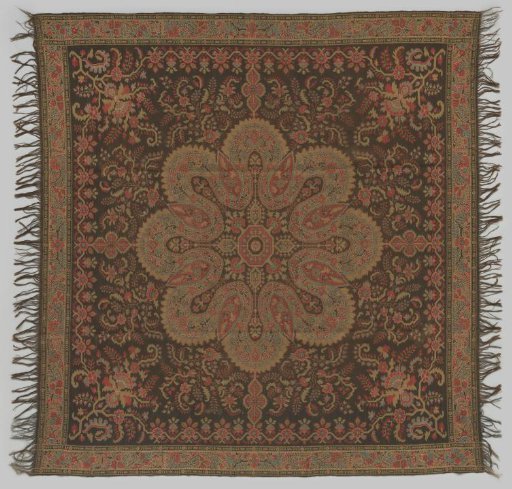Square cashmere shawl with eight-lobed rosette, multicolored and decorated with flowering branches and double scrolls