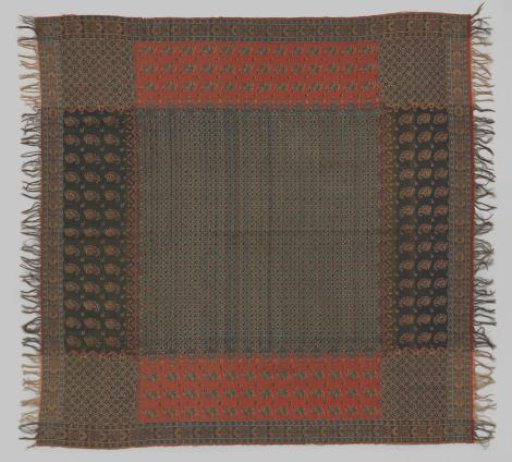 Square cashmere shawl with central square with minuscule floral pattern, surrounded by borders in red and dark blue with floral motif