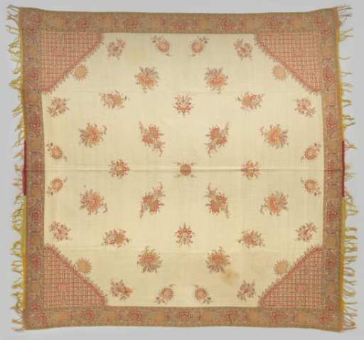 Square cashmere shawl, with central motif of mitred corners, filled with loose flowers