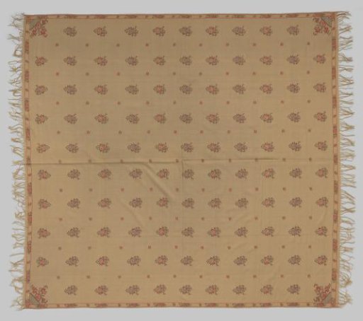 Square Cashmere Shawl, Decorated with Red-Pink and Green Striped Floral Motifs on a Beige Ground