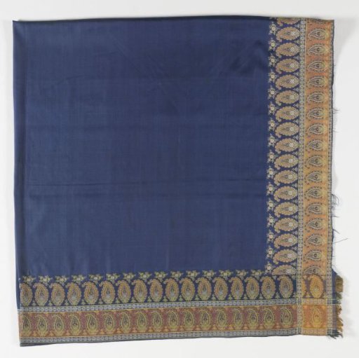 Square Cashmere Shawl with Dark Blue Plain Field, Bordered with a Single or Double Row of Small Bouquets