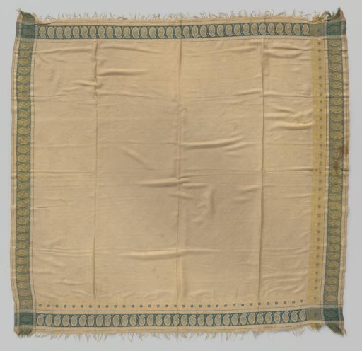 Square Cashmere Shawl with Plain Ecru Field, Bordered by a Blue Border Filled with Ecru and Yellow Bouquets