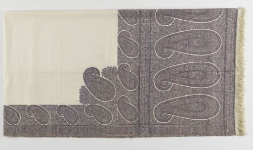Rectangular Cashmere Shawl on a White Ground, with Broad Borders of Horizontal Paisleys in Blue and Red along the Long Side, and along the Short Side a Double Row of Vertical Paisleys