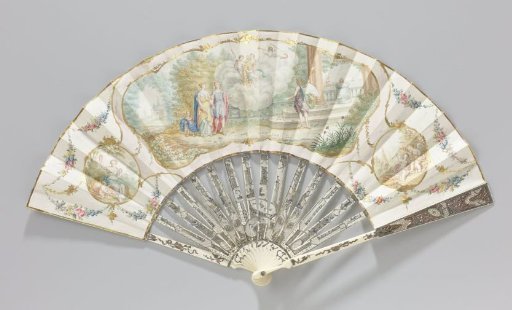 Folding fan with leaf of paper painted in watercolor with a wedding scene