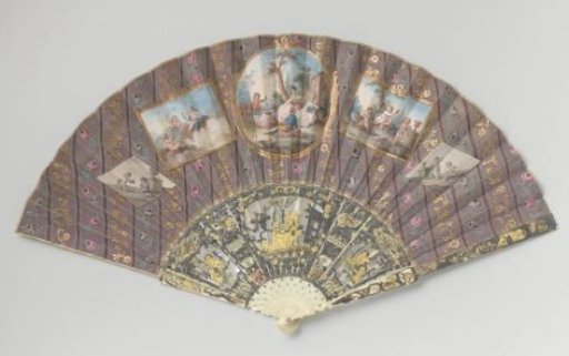 Folding fan with double leaf of thin leather and painting in gouache; frame of ivory, pierced and carved in relief, gilded and silvered, with mother-of-pearl background, clasp pin with rhinestone