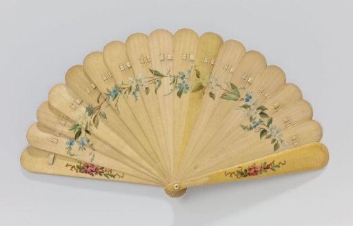 Broken fan of wood, partially painted with flowers and entirely varnished