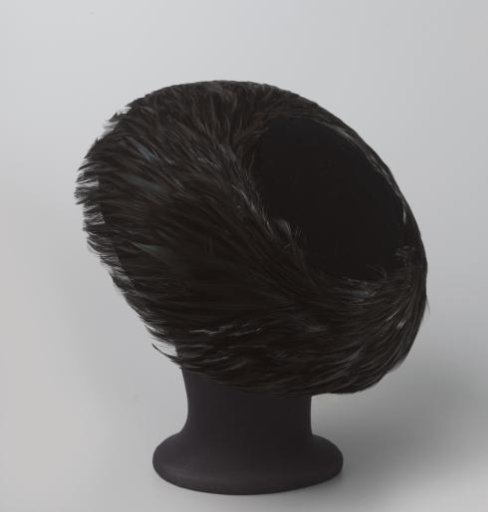 Flat Hat of Black Velvet with Black, Iridescent Rooster (?) Feathers