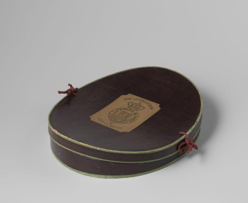 Box covered with purple paper and trimmed with light green braid and red bands