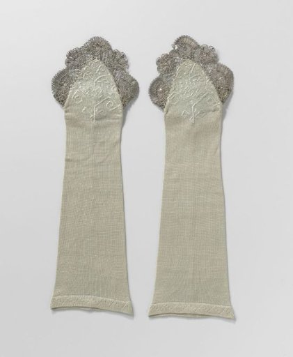 Mittens of Light Turquoise Knitted Silk, Trimmed with Silver Lace and Lined with Brocade