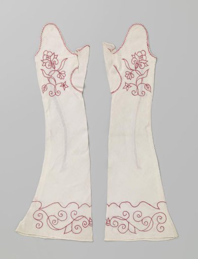 Mitt of White Linen, Embroidered in Red with Flower Branches and Serpentine Scroll Motifs