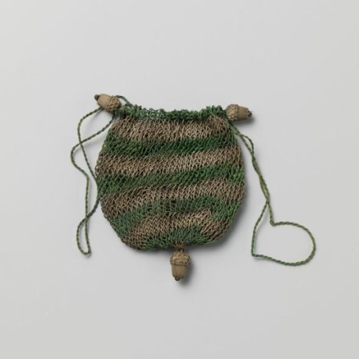 Purse of crocheted dark green silk, alternating with horizontal bands of silver thread, with a drawstring to which two acorns of silver thread are attached