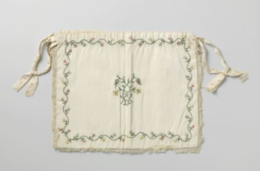 Fancy bag in a rectangular model of ivory-colored taffeta, along the edge a flower garland embroidered with colored ribbons, edged with silk bobbin lace