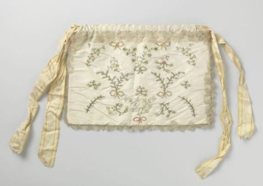 Frivolité in a rectangular shape of ivory-coloured taffeta, embroidered with flowers, branches and bows in coloured ribbons, edged with silk bobbin lace
