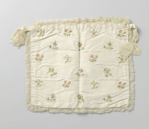 Frivolité in a rectangular shape of ivory-coloured taffeta, embroidered with 21 scattered flower branches in coloured ribbons, edged with silk bobbin lace