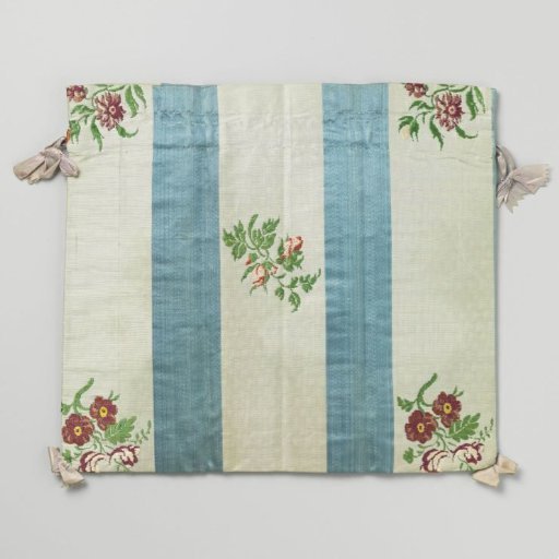 Fancy bag in a flat, almost square model, of blue striped silk with rose and other flower sprigs