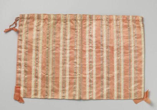 Fancy bag in a flat rectangular model, of crimson rose satin with woven stripes of white silk and silver thread, provided with a floral cotton lining