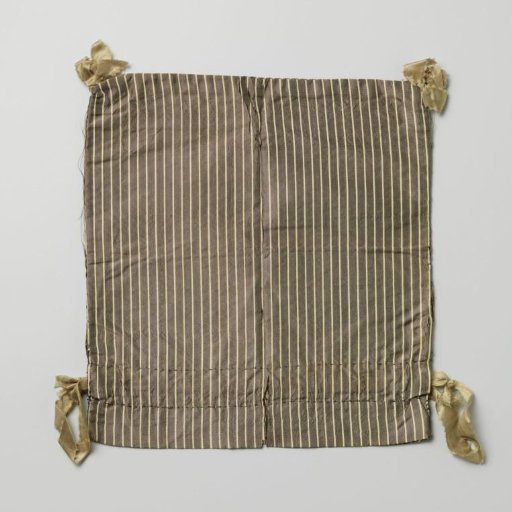 Frivolité bag in a flat, almost square model, of dark beige-green taffeta with woven vertical ecru-colored stripes