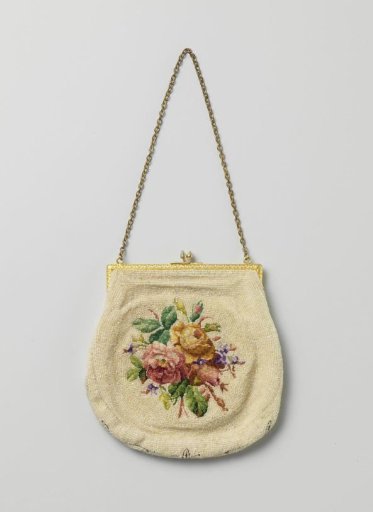 Shoulder bag consisting of a pouch decorated with white beads and multicolored silk in a floral motif, attached to a frame with a clasp and a chain of copper-colored metal