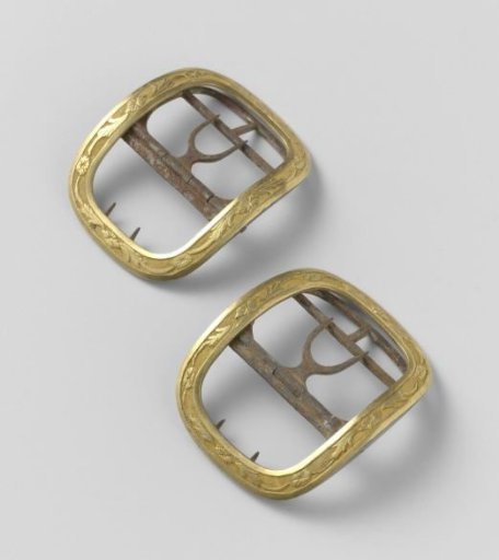 Rectangular and Curved Shoe Buckle of Gilded Copper, Decorated with Leaf and Flower Scrolls in Relief on a Granulated Ground