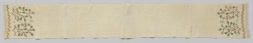 Long Scarf of White Cotton with Two Branches Embroidered in Silver Lamé, Blue, Green, Beige and Pink on the Ends