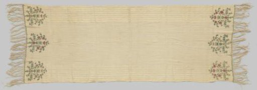 Long rectangular scarf of white cotton with woven silk stripes and decorated with a border of light and dark green branches, each with six beige and red-edged silver flowers